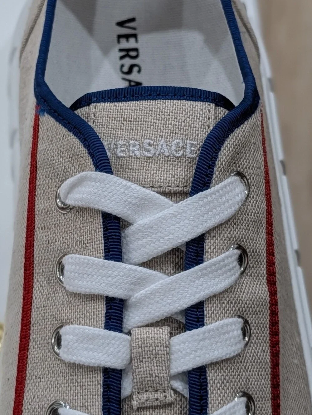 $750 VERSACE Canvas Low-Top Sneakers Beige/Red/Blue Palladium 43 US 10